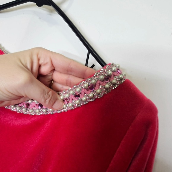 Vintage Neusteters Pink Velour Evening Maxi Gown Pearl Rhinestone Embellishments - Picture 15 of 16